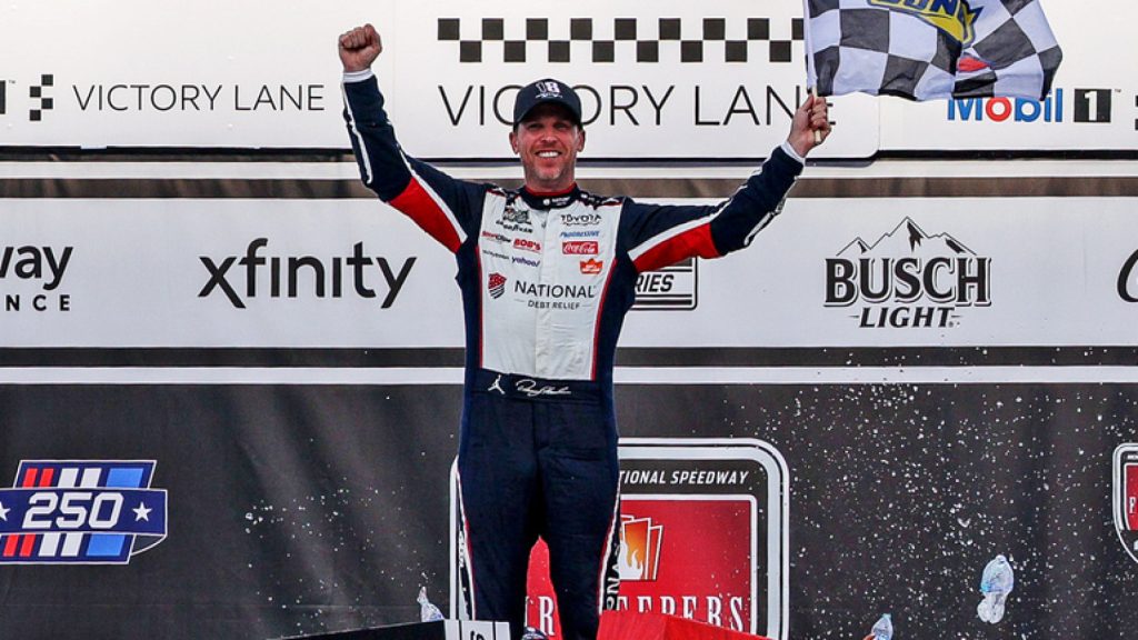 Emotional Hamlin wins NASCAR Cup race at Michigan, honors Busch